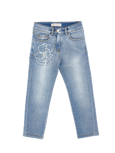 Monnalisa Embroidered Five-pocket Jeans In Stone Bleach + Ecru