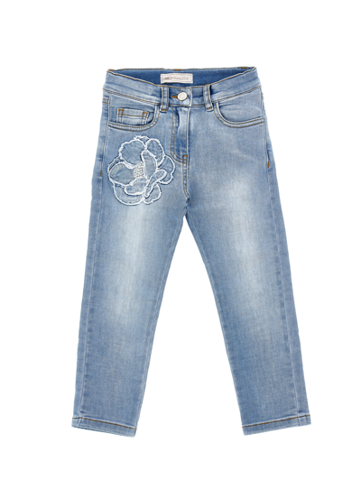 Monnalisa Kids'   Embroidered Five-pocket Jeans In Stone Bleach + Ecru