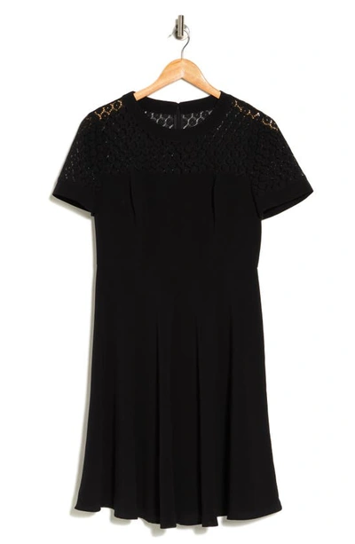 Focus By Shani Lace Yoke Short Sleeve Fit & Flare Dress In Black