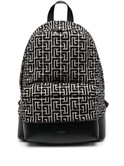 Balmain Backpack In Black And Ivory Jacquard With Maxi Monogram