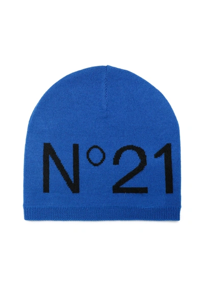 N°21 Kids' Intarsia-knit Logo Beanie In Blue