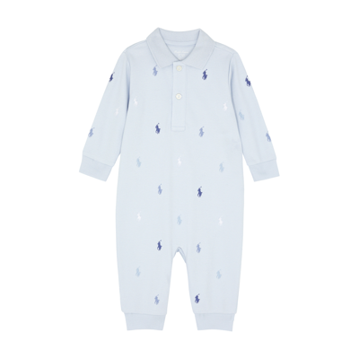 Ralph Lauren Babies' Embroidered-logo Cotton Romper In Blue