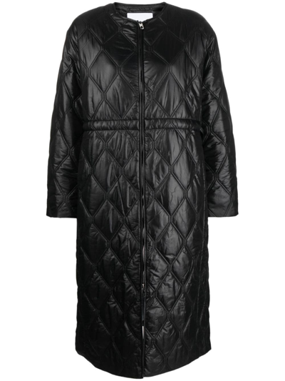 Ganni Diamond-quilted Zip-up Raincoat In Black