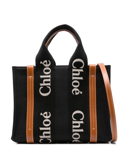 Chloé Small Woody Linen Tote Bag In Black