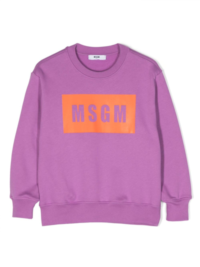 Msgm Kids' Logo-print Cotton Sweatshirt In Purple