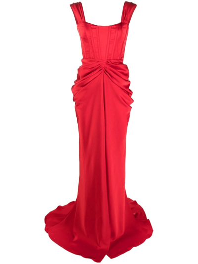 Ana Radu Ruched Flared Gown In Red