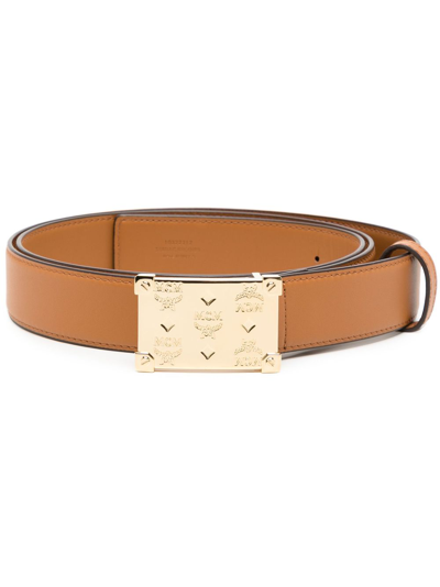 Mcm Aren Logo-plaque Leather Belt In Brown