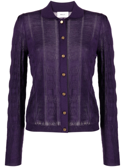 Bally Knit Detail Long Sleeve Polo In Orchid Wool In Purple