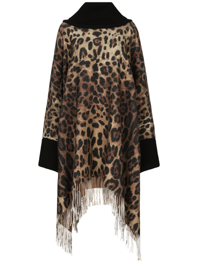 Dolce & Gabbana Leopard-print Fringed Poncho In Marrón