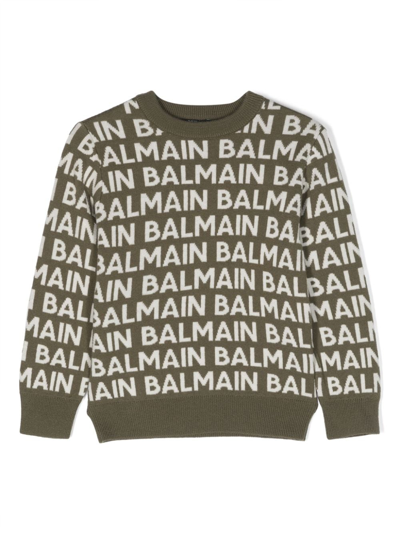 Balmain Kids' Logo-intarsia Knitted Jumper In Green