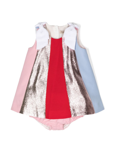 Hucklebones London Babies' 蝴蝶结细节条纹连衣裙套装 In Pink