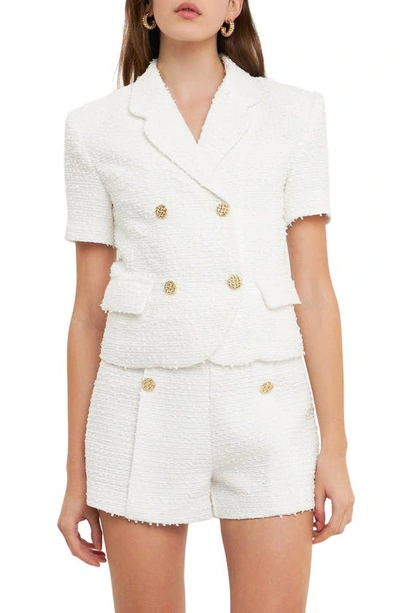 Endless Rose Women's Tweed Round Collar Double Breast Short Sleeve Blazer In White