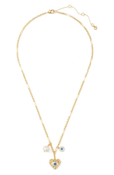 Kate Spade Gold-tone Mixed Stone Evil Eye Heart Multi-charm Pendant Necklace, 20" + 3"' Extender In Cream