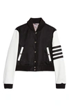 THOM BROWNE 4-BAR CROP COLORBLOCK LEATHER SLEEVE CASHMERE VARSITY JACKET