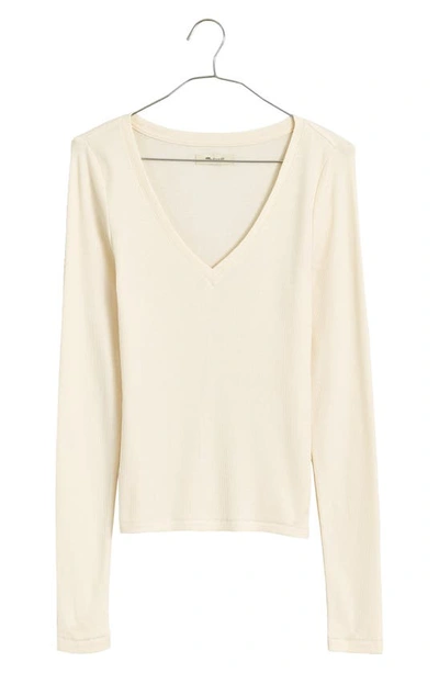 Madewell Long Sleeve V-neck Rib Top In Antique Cream