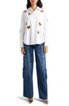 ALICE AND OLIVIA FINELY CRYSTAL HEART CUTOUT BUTTON-UP SHIRT