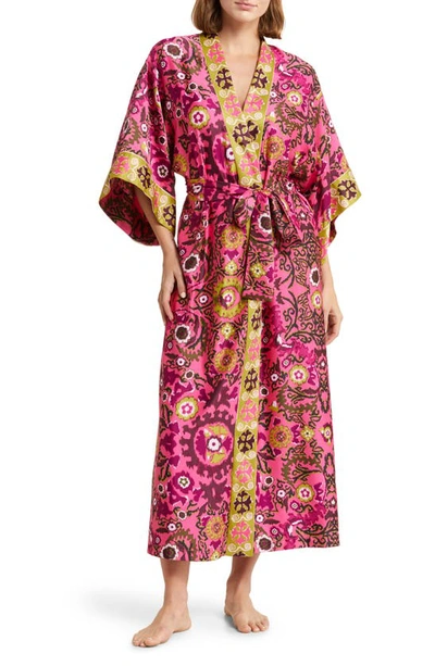 Natori Kimono-sleeve Floral-print Palazzo Dressing Gown In Pink