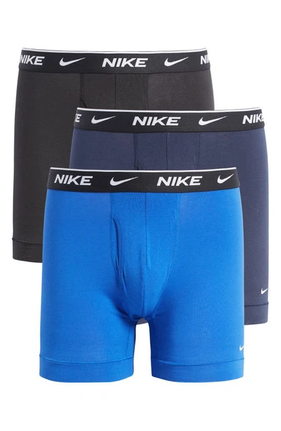 Nike Dri-fit Essential 3-pack Stretch Cotton Boxer Briefs In Obsidian/ Game Royal/ Black