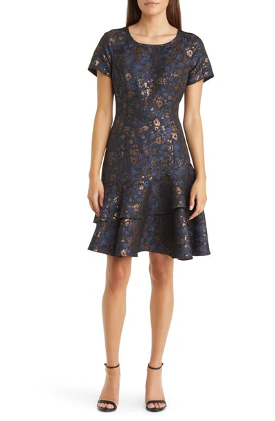 Shani Tiered Flounce Brocade Fit & Flare Dress In Blue