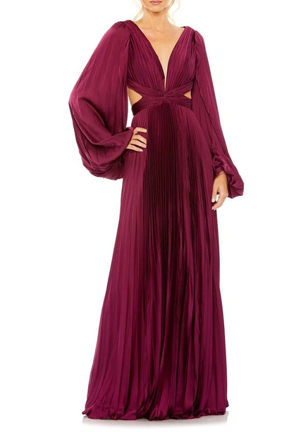 Ieena For Mac Duggal Long Sleeve Cut Out Gown In Wine