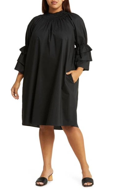 Harshman Daphne Ruffle Cuff Cotton Poplin Dress In Black