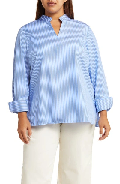 Harshman Ellis Stripe Cotton Poplin Popover Blouse In Indigo Pinstripes