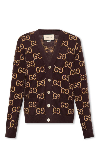 Gucci Gg Knit Cashmere Jacquard Cardigan In Black,camel