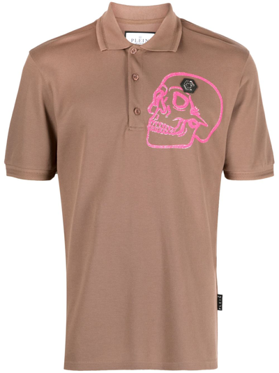 Philipp Plein Skull-appliqué Cotton Polo Shirt In Brown