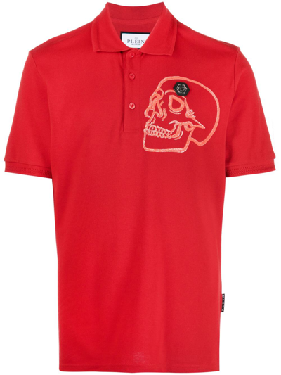 Philipp Plein Skull-print Cotton Polo Shirt In Red