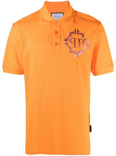 Philipp Plein Chrome Logo-print Piqué Polo Shirt In Orange