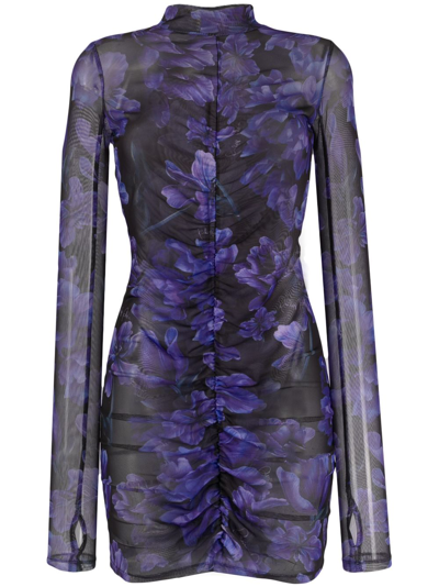 Philipp Plein Floral-print Long-sleeve Ruched Minidress In Black