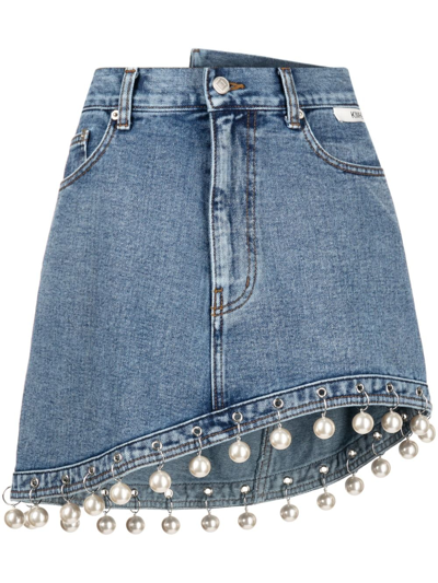 Kimhēkim Pearl-embellished Asymmetric Denim Miniskirt In Blau
