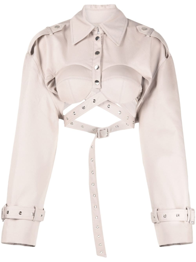 Rokh Crossover-strap Belted Cropped Jacket In Beige07