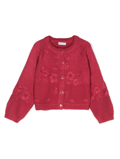 Abel & Lula Kids' Floral-embroidery Balloon-sleeve Cardigan In Red