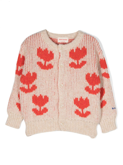 Bobo Choses Kids' Retron Flowers Jacquard Cardigan In Off White,red