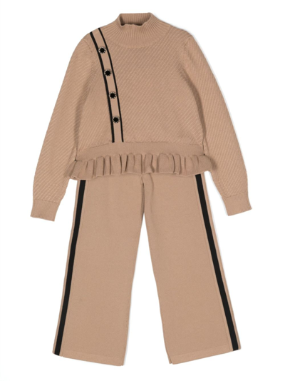 Abel & Lula Kids' Stripe-print Knitted Trouser Set In Brown