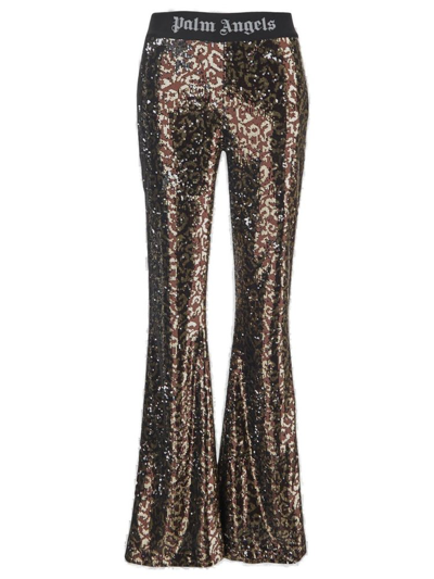 Palm Angels Logo-tape Sequin Flared Trousers In Brown