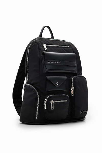 Desigual Large Nylon Pockets Backpack In Black