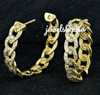 Pre-owned Nsg 2 Ct 100% Genuine Moissanite Cuban Link Hoop Earring Yellow Gold Plated Silver