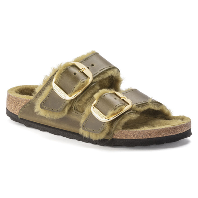 Pre-owned Birkenstock Arizona Big Buckle Shearling In Olive Narrow 1023240 In Green