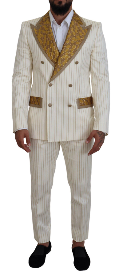 Pre-owned Dolce & Gabbana Suit Off White Gold Striped Tuxedo Slim Fit Eu48/us38 /m 4800usd