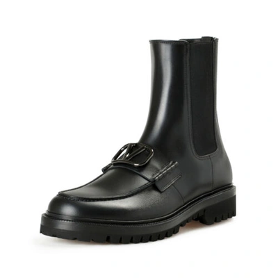 Pre-owned Valentino Garavani Valentino Men's "1y0s0g53 Beatle" Black Leather Metal Logo Boots Shoes