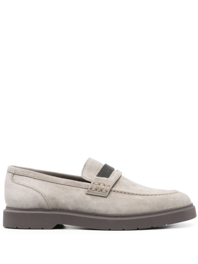 Brunello Cucinelli Embellished Suede Loafers In Grey