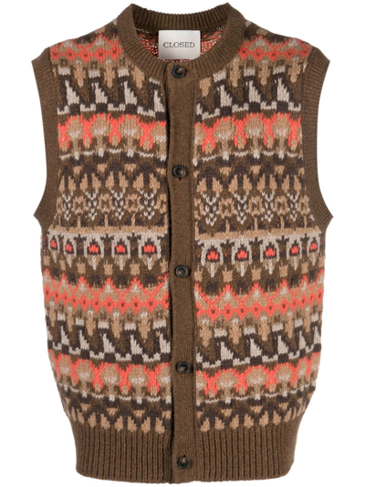 Closed Intarsia-knit Vest In Brown