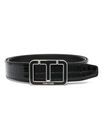 Tom Ford Logo-plaque Leather Belt In Black