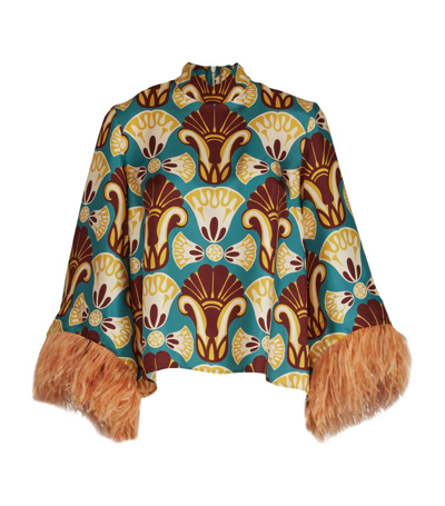 La Doublej Make An Exit Printed Top With Feathered Cuffs In Dendera Light Blue