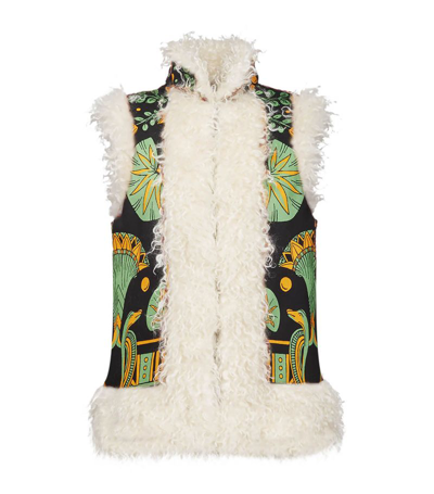 La Doublej Faux Fur-trimmed Printed Vest In White