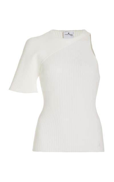 Courrèges Asymetrical Wave Rib Knit Sweater In White