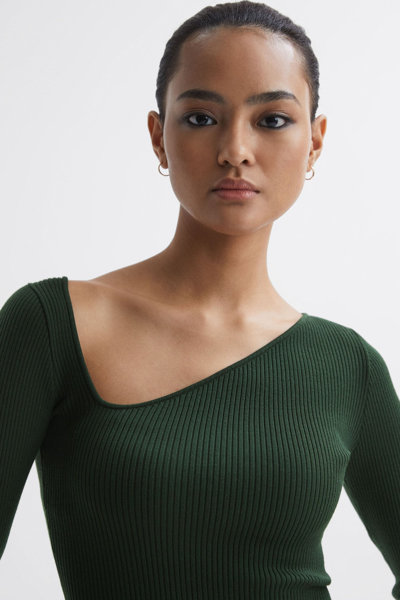 Reiss Sasha - Green Fitted Ribbed Asymmetric Neck T-shirt, Xs