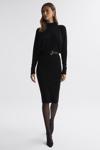 Reiss Black Freya Petite Wool Blend Ruched Sleeve Midi Dress In Black